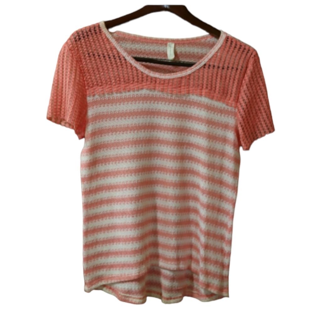 Janeric Knit Coral Short Sleeve Striped Top LG